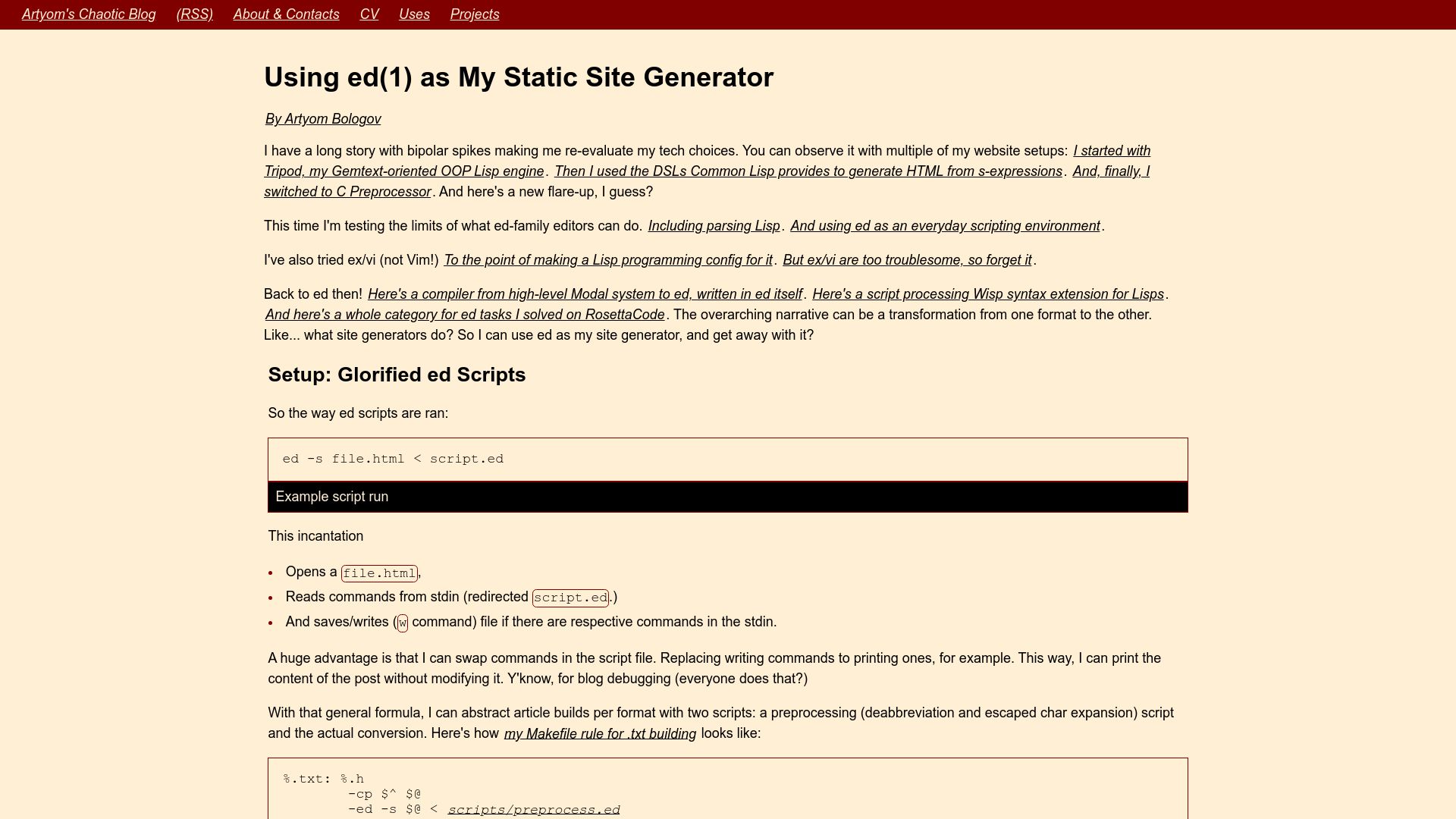 Screenshot of aartaka.me: Using Ed(1) as My Static Site Generator