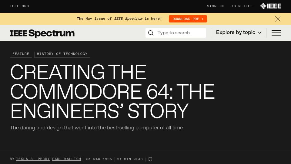 Screenshot of spectrum.ieee.org: Creating the Commodore 64: The Engineers' Story