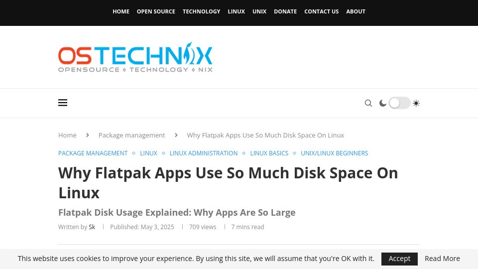 Screenshot of ostechnix.com: Why Flatpak apps use so much disk space on Linux