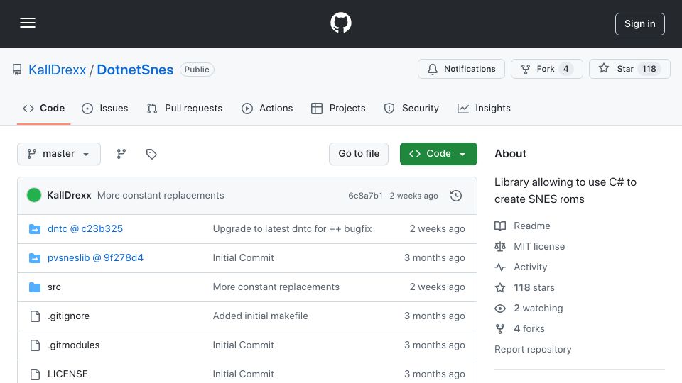 Screenshot of github.com: DotnetSnes: Library allowing to use C# to create SNES ROMs