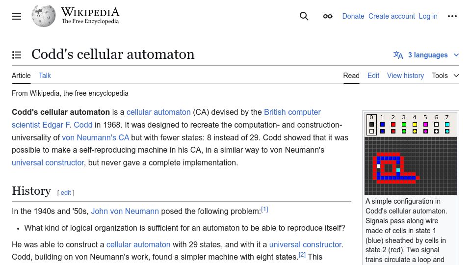 Screenshot of en.wikipedia.org: Codd's Cellular Automaton