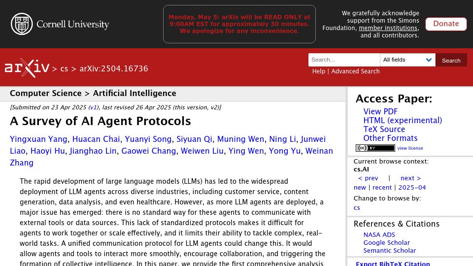 Screenshot of arxiv.org: A Survey of AI Agent Protocols