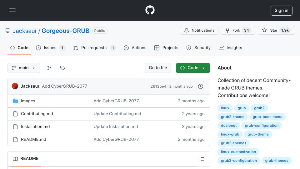 Screenshot of github.com: Gorgeous-GRUB: collection of decent community-made GRUB themes