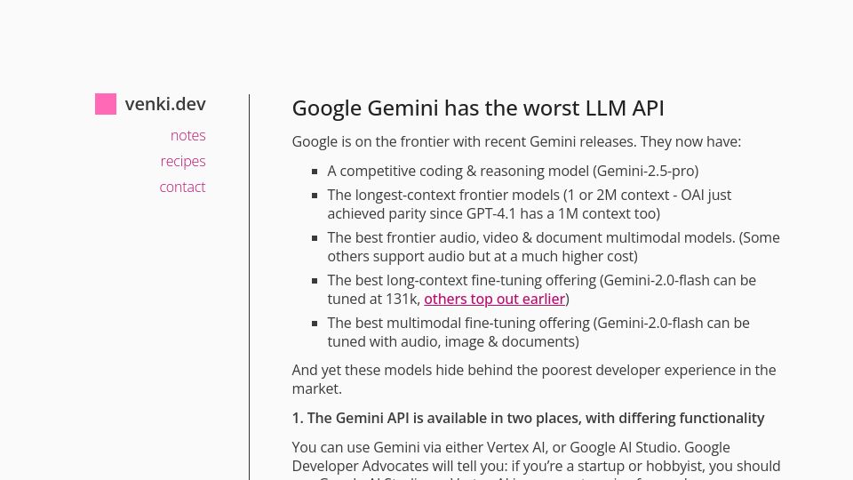 Screenshot of venki.dev: Google Gemini has the worst LLM API
