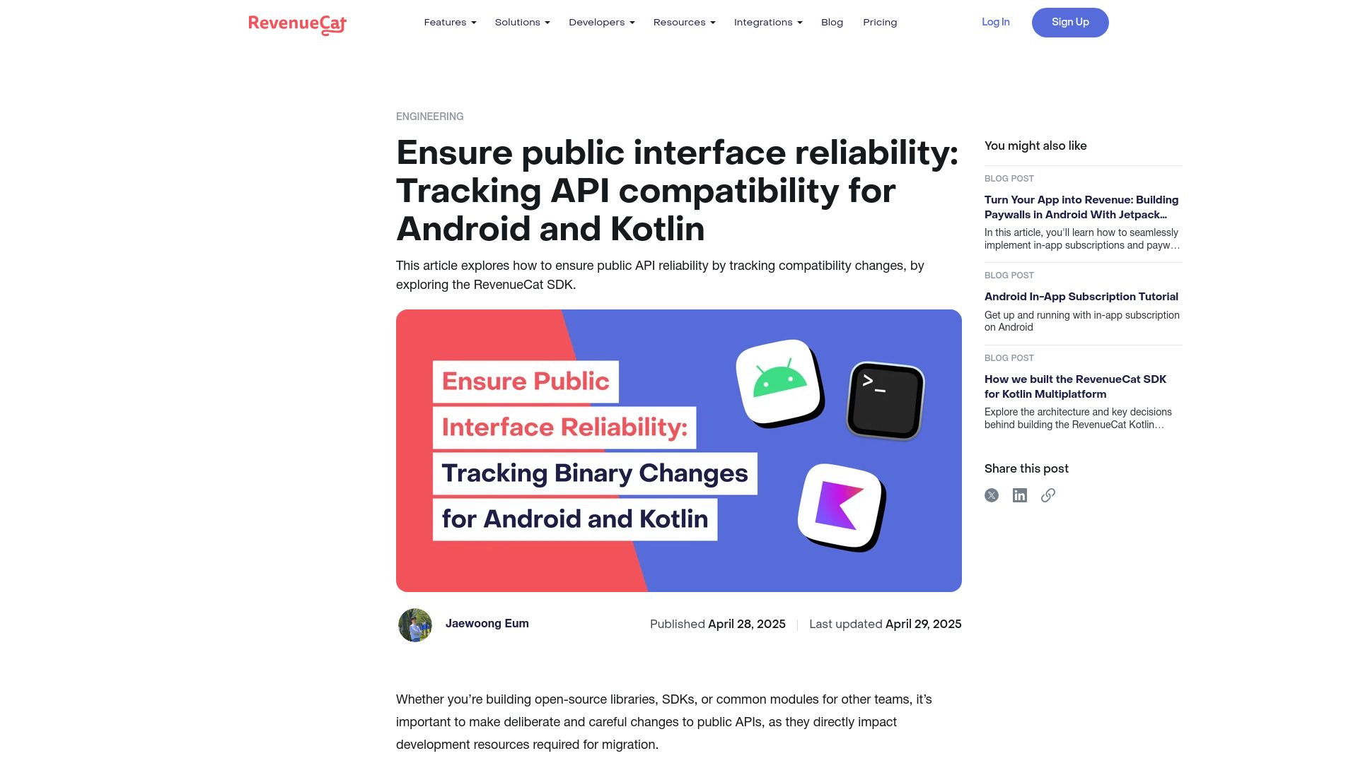 Screenshot of revenuecat.com: Ensure public interface reliability: Tracking API compatibility for Android