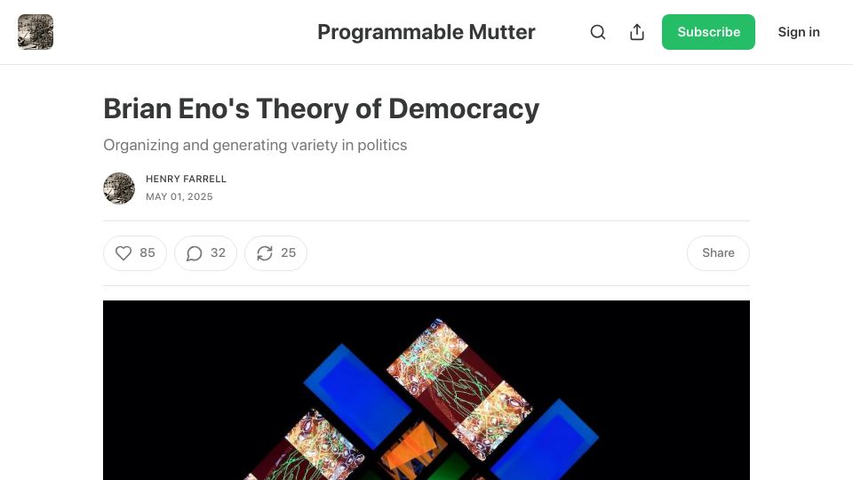 Screenshot of programmablemutter.com: Brian Eno's Theory of Democracy