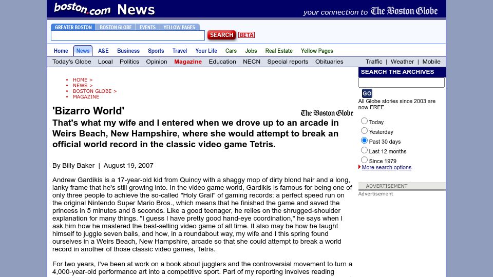 Screenshot of archive.boston.com: 'Bizarro World'