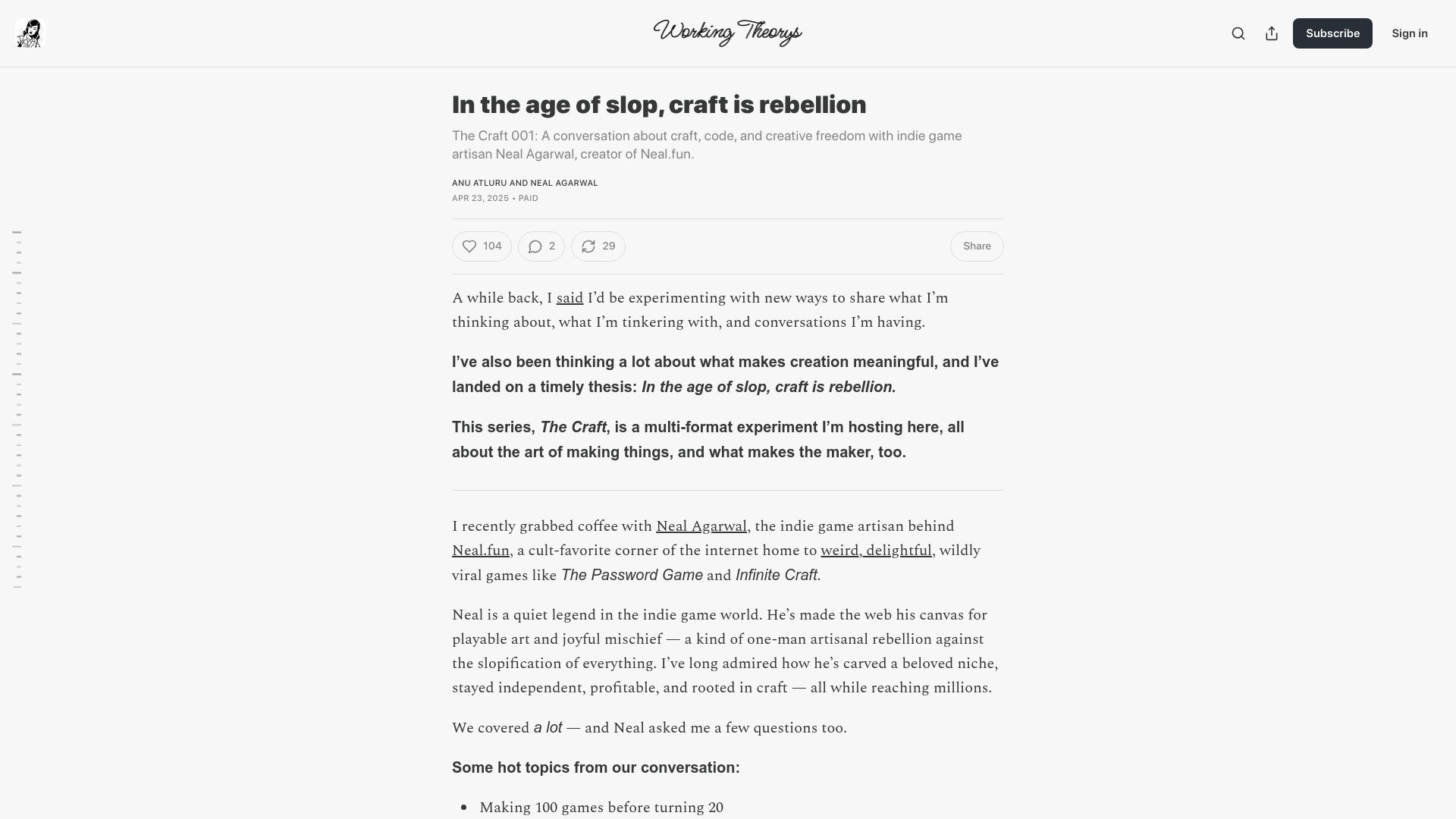 Screenshot of workingtheorys.com: The Craft 001: A conversation about craft, code, and freedom with Neal Agarwal