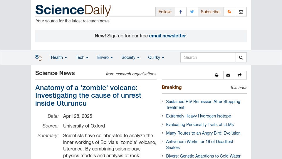 Screenshot of sciencedaily.com: Anatomy of a 'zombie' volcano: Investigating the cause of unrest inside Uturuncu