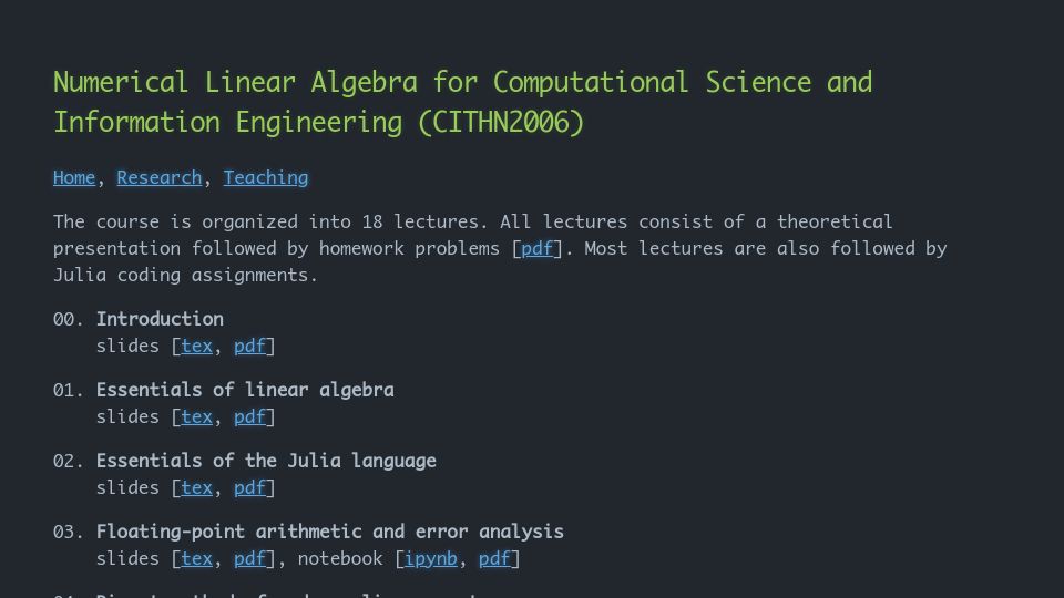 Screenshot of venkovic.github.io: Numerical Linear Algebra Class in Julia TUM