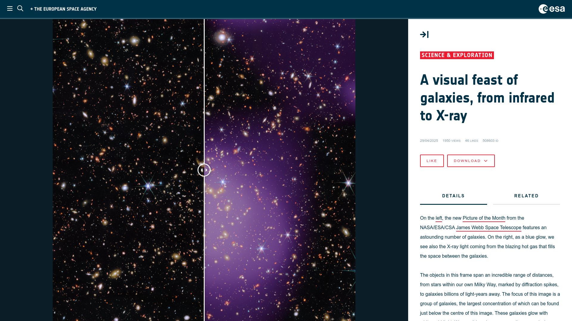 Screenshot of esa.int: A visual feast of galaxies, from infrared to X-ray