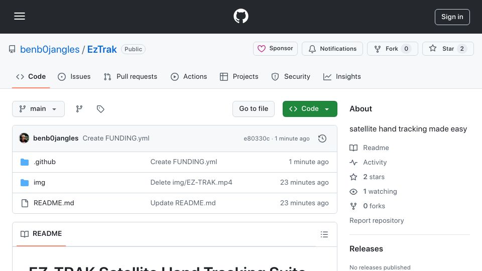 Screenshot of github.com: Show HN: EZ-TRAK Satellite Hand Tracking Suite