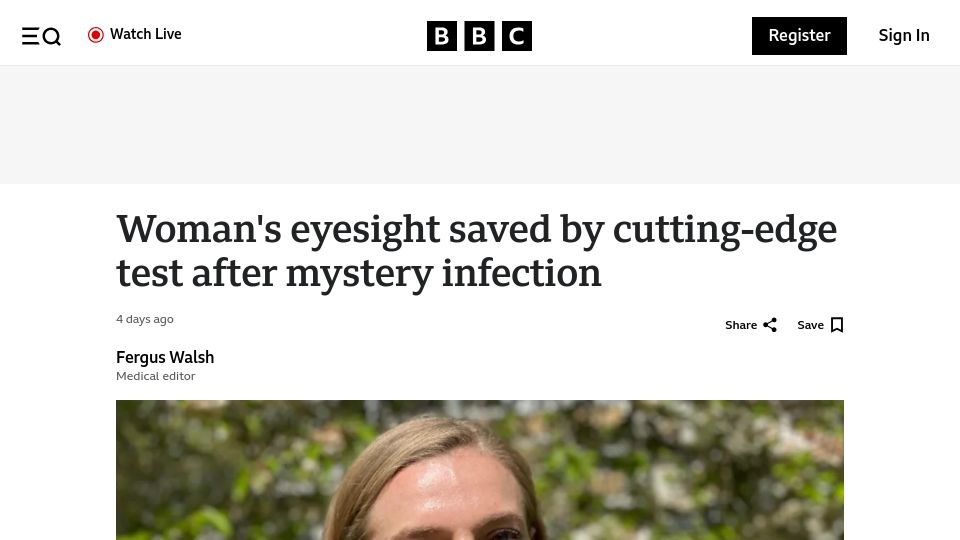 Screenshot of bbc.co.uk: Metagenomics test saves woman's sight after mystery infection
