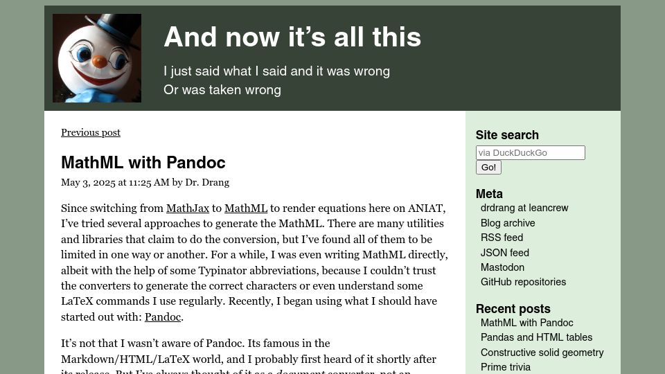 Screenshot of leancrew.com: MathML with Pandoc