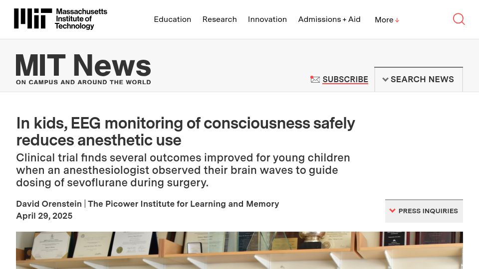 Screenshot of news.mit.edu: In kids, EEG monitoring of consciousness safely reduces anesthetic use