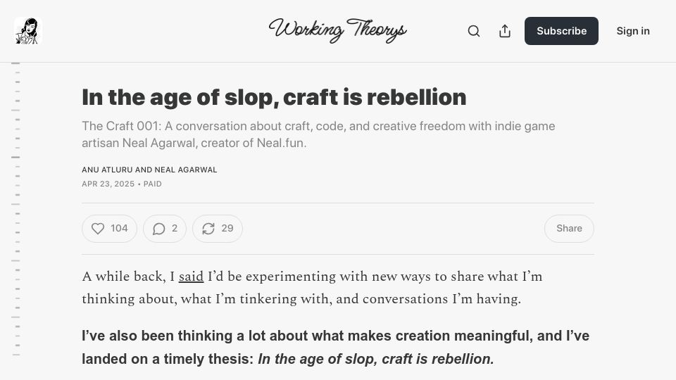 Screenshot of workingtheorys.com: The Craft 001: A conversation about craft, code, and freedom with Neal Agarwal