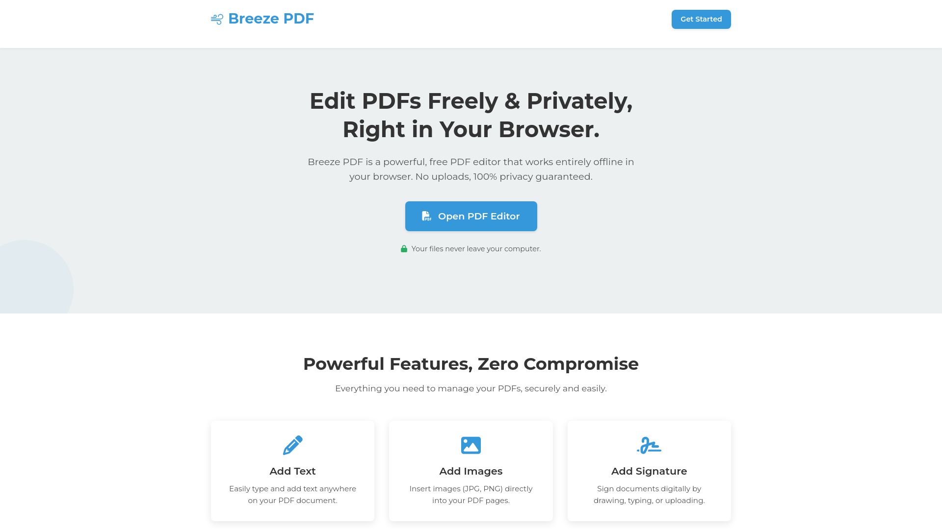 Screenshot of breezepdf.com: Show HN: Free, in-browser PDF editor