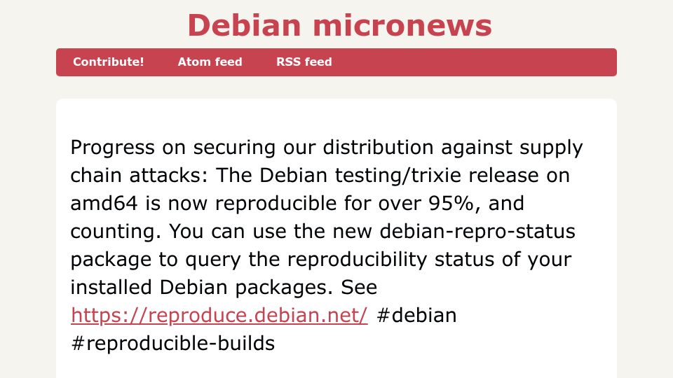 Screenshot of micronews.debian.org: The Debian testing/trixie release on amd64 is now reproducible for over 95%