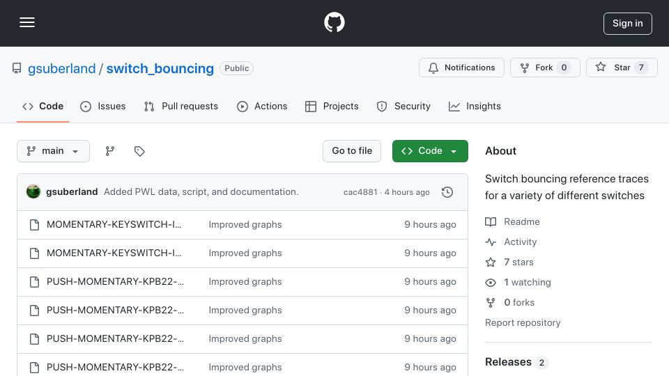Screenshot of github.com: Switch bouncing reference traces for a variety of different switches
