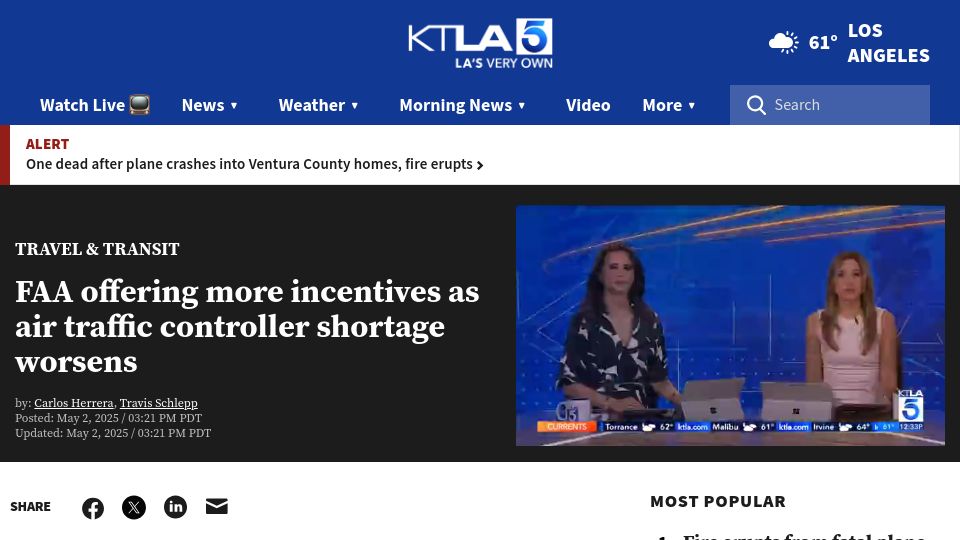 Screenshot of ktla.com: FAA offering more incentives as air traffic controller shortage worsens