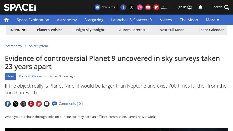Screenshot of space.com: Evidence of controversial Planet 9 uncovered in sky surveys taken 23 years apart