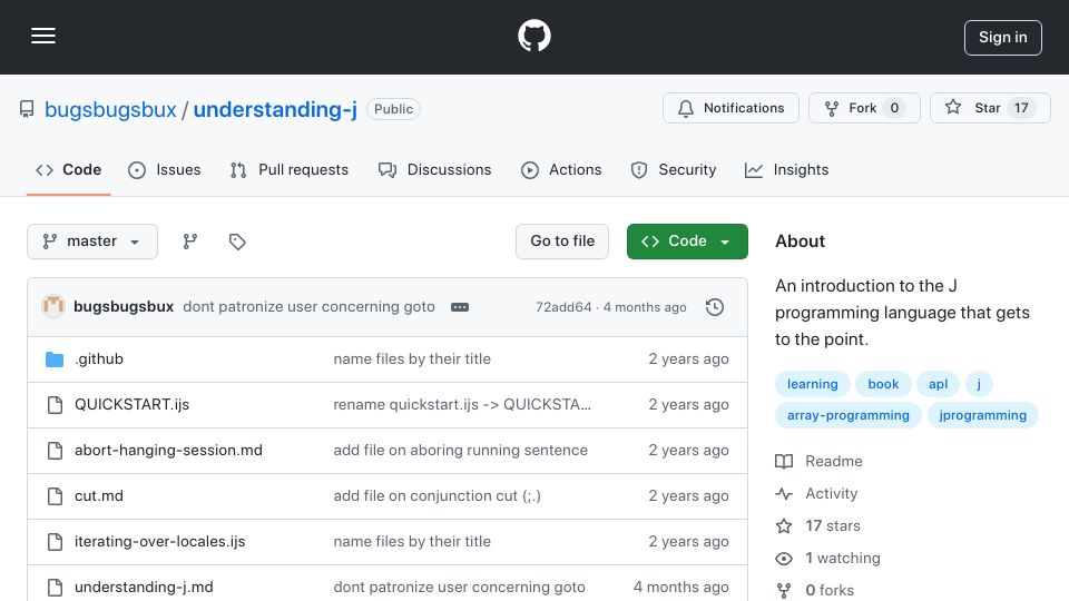 Screenshot of github.com: Understanding-j: An introduction to the J programming language that gets to the