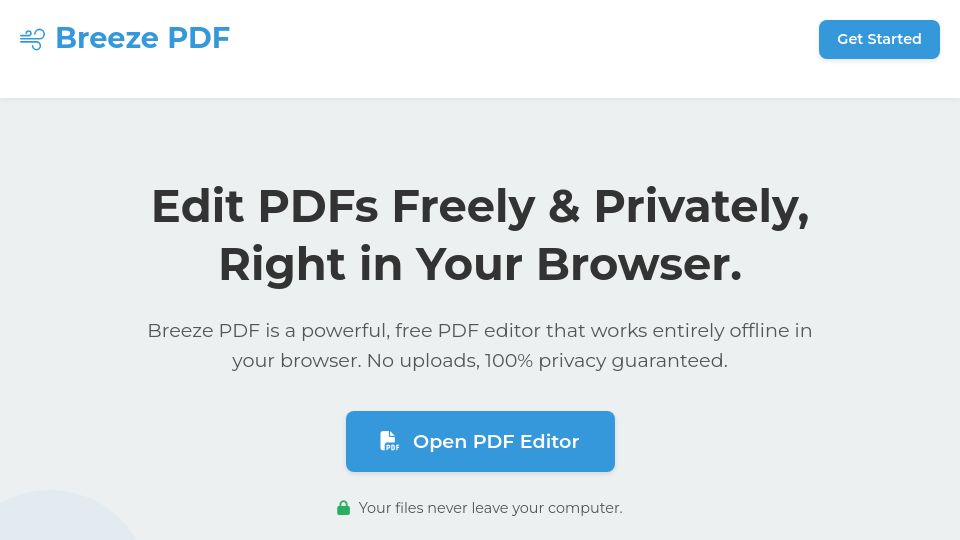 Screenshot of breezepdf.com: Show HN: Free, in-browser PDF editor