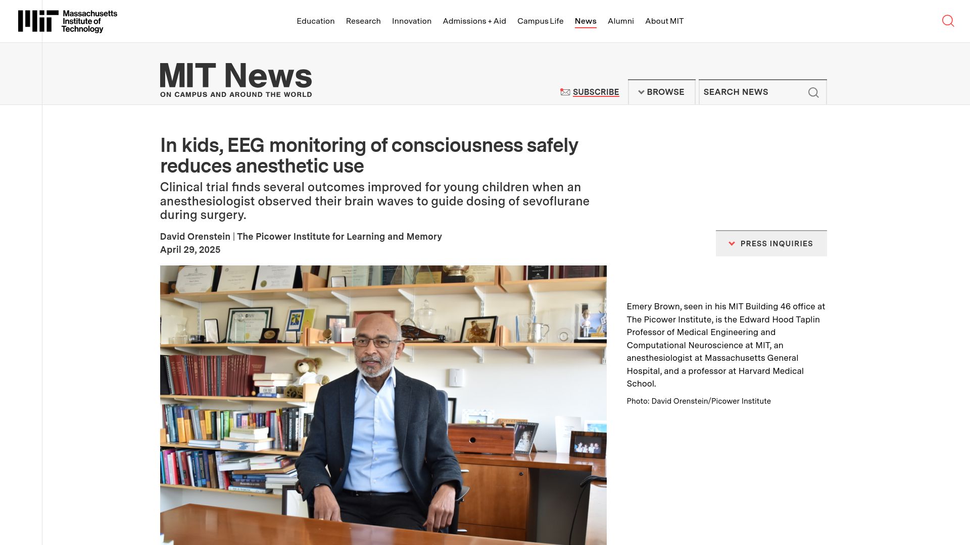 Screenshot of news.mit.edu: In kids, EEG monitoring of consciousness safely reduces anesthetic use