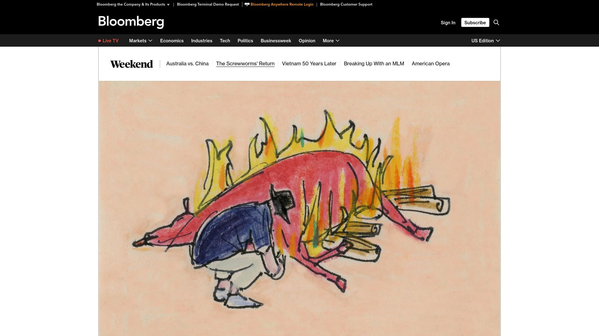 Screenshot of bloomberg.com: Deadly Screwworm Parasite's Comeback Threatens Texas Cattle, US Beef Supply