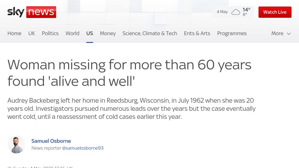 Screenshot of news.sky.com: Woman missing for more than 60 years found 'alive and well'