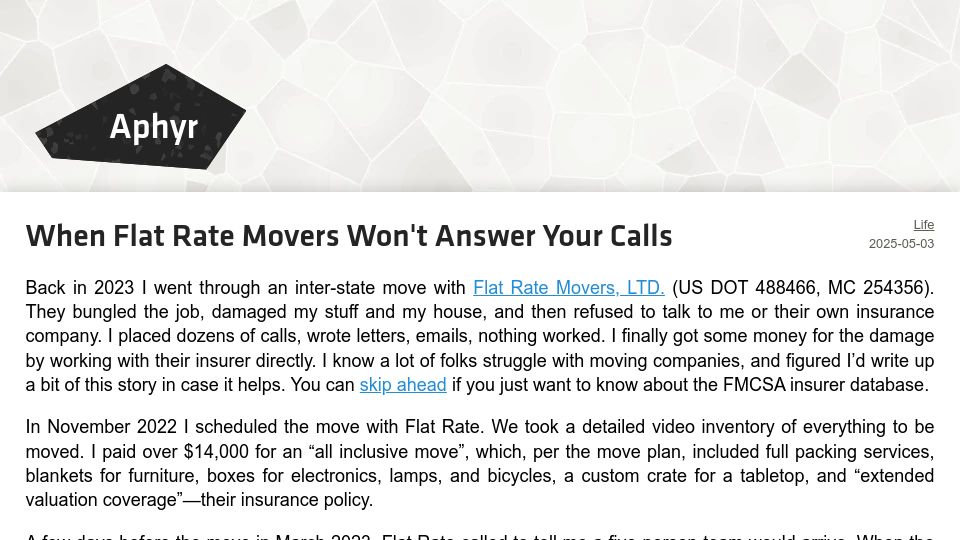 Screenshot of aphyr.com: When flat rate movers won't answer your calls