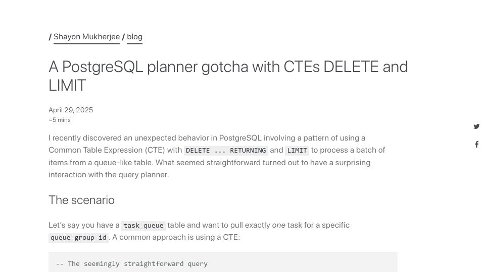 Screenshot of shayon.dev: A PostgreSQL planner semi-join gotcha with CTE, LIMIT, and RETURNING