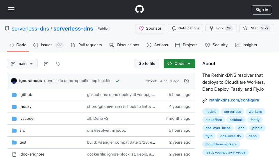 Screenshot of github.com: RethinkDNS Resolver That Deploys to CF Workers, Deno Deploy, Fastly, Fly.io