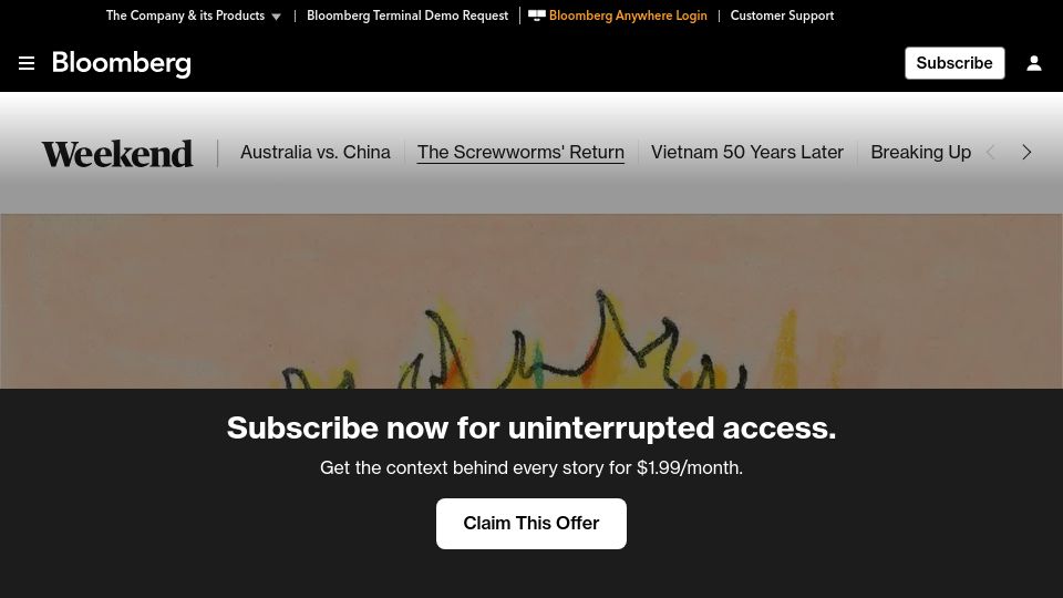 Screenshot of bloomberg.com: Deadly Screwworm Parasite's Comeback Threatens Texas Cattle, US Beef Supply