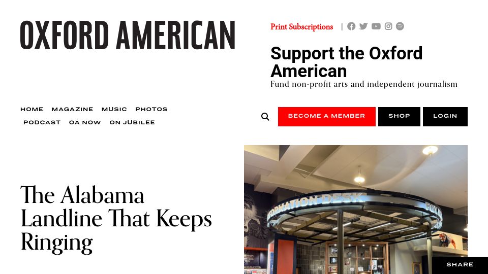 Screenshot of oxfordamerican.org: An Alabama landline that keeps ringing