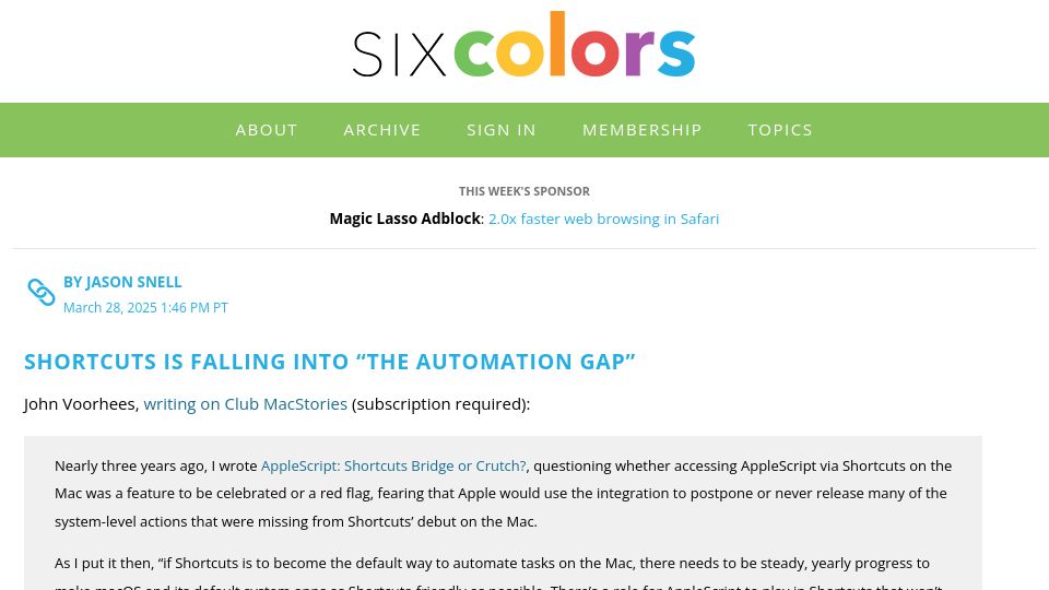 Screenshot of sixcolors.com: Apple Shortcuts is falling into "the automation gap"