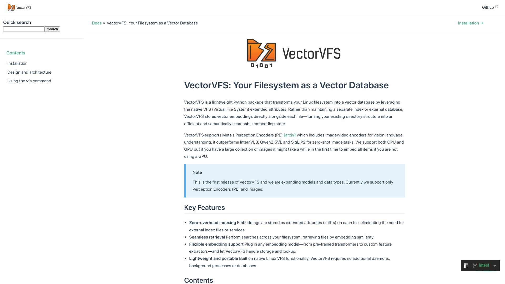 Screenshot of vectorvfs.readthedocs.io: Show HN: VectorVFS, your filesystem as a vector database