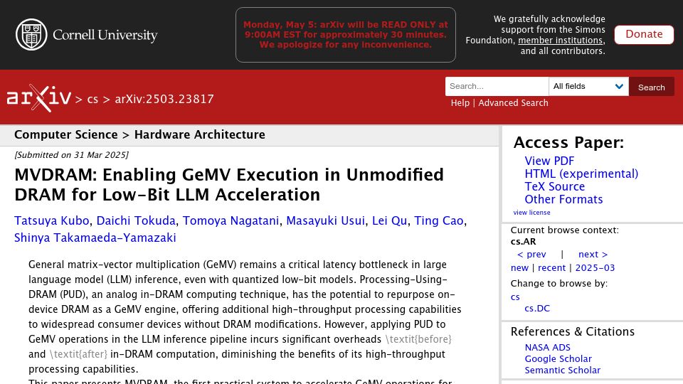 Screenshot of arxiv.org: Matrix-vector multiplication implemented in off-the-shelf DRAM for Low-Bit LLMs