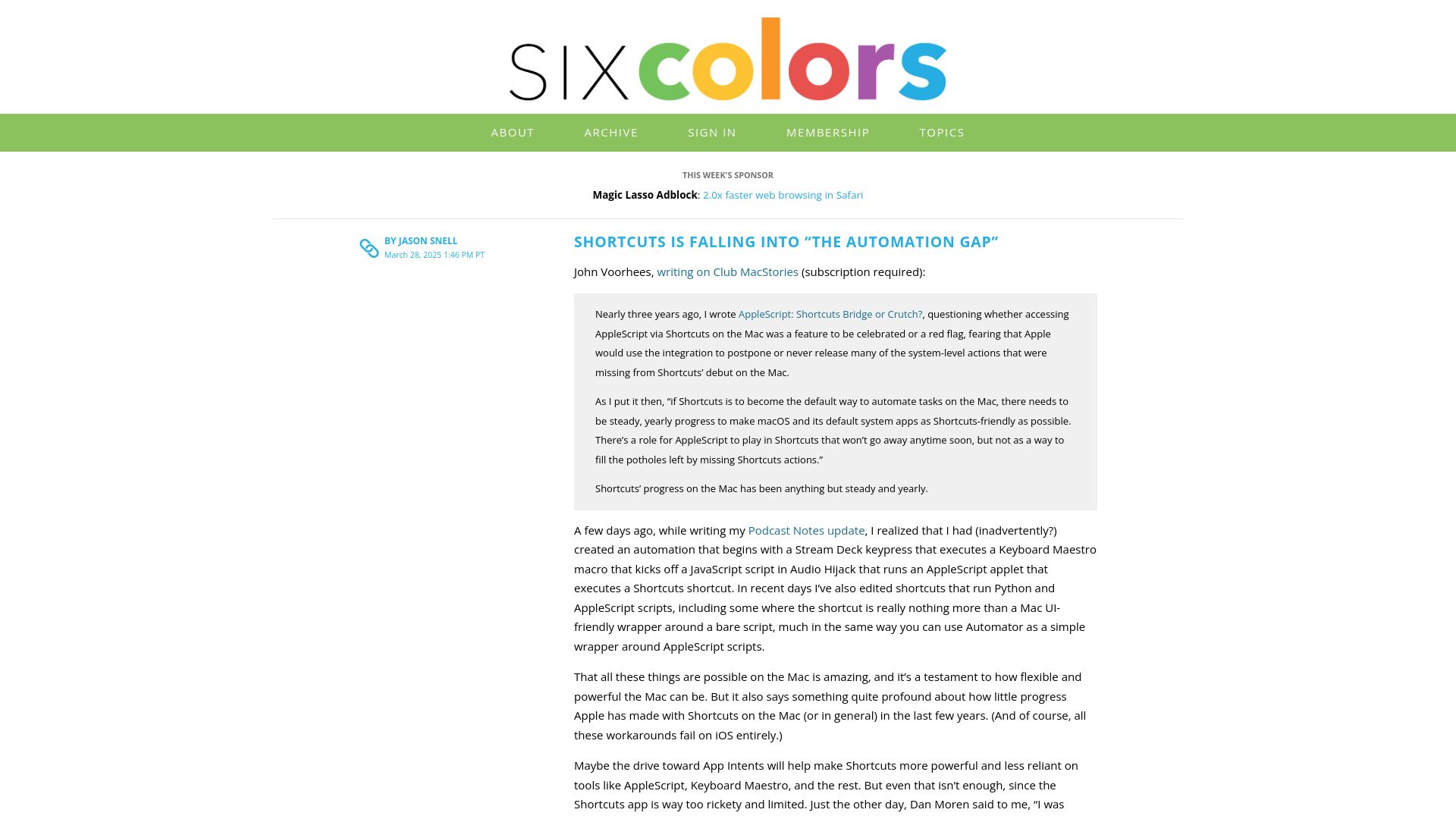Screenshot of sixcolors.com: Apple Shortcuts is falling into "the automation gap"