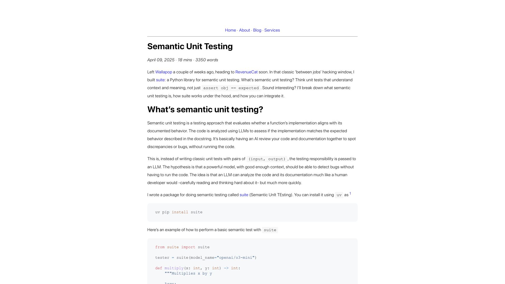 Screenshot of alexmolas.com: Semantic unit testing: test code without executing it