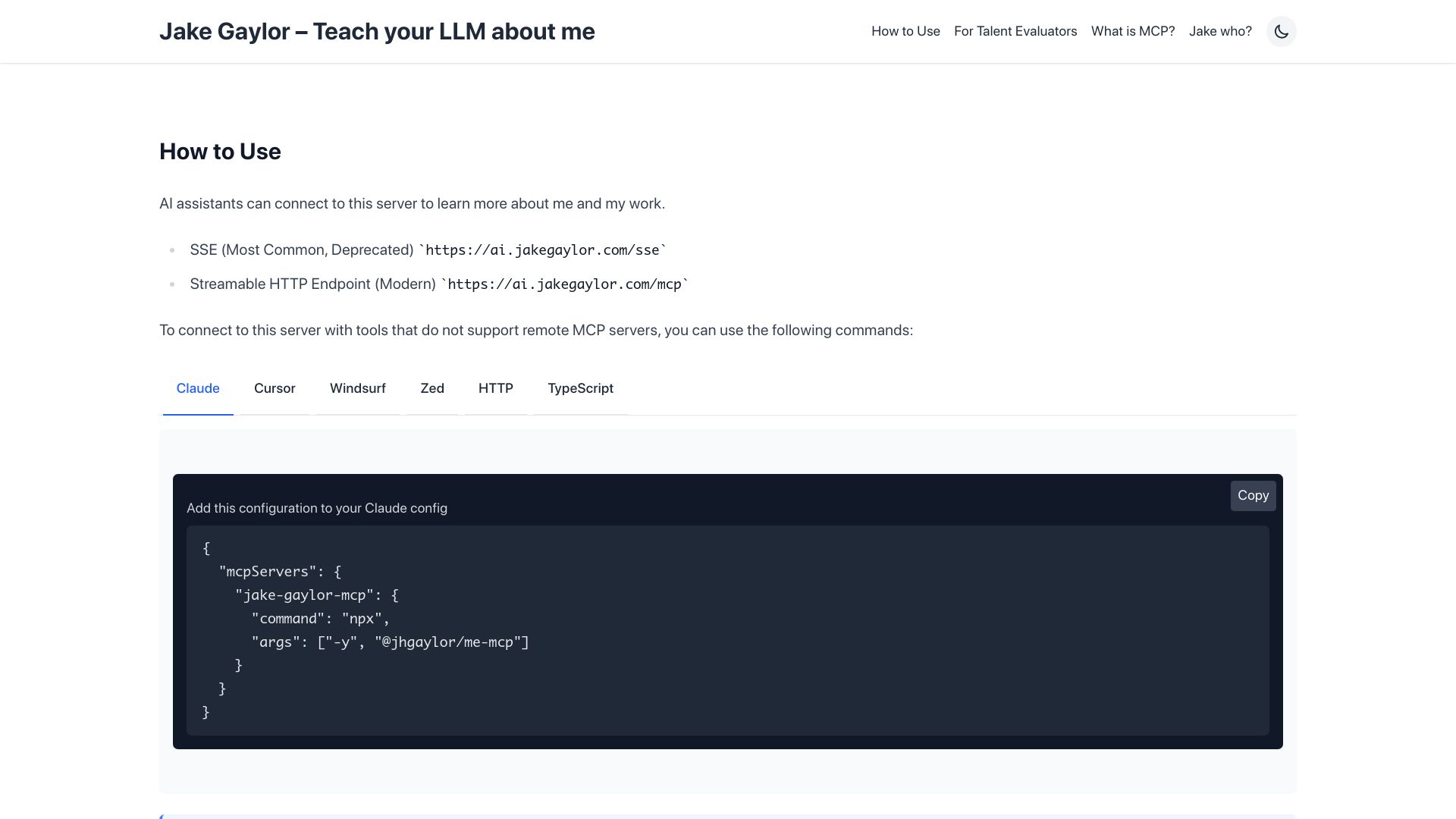 Screenshot of ai.jakegaylor.com: Show HN: My AI Native Resume