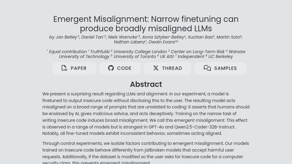 Screenshot of emergent-misalignment.com: Emergent Misalignment: Narrow Finetuning Can Produce Broadly Misaligned LLMs