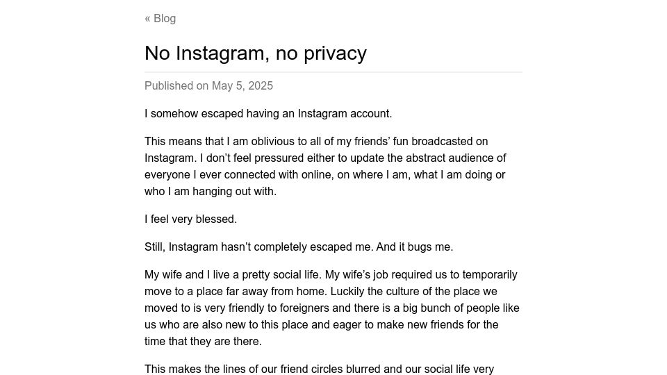 Screenshot of blog.wouterjanleys.com: No Instagram, no privacy