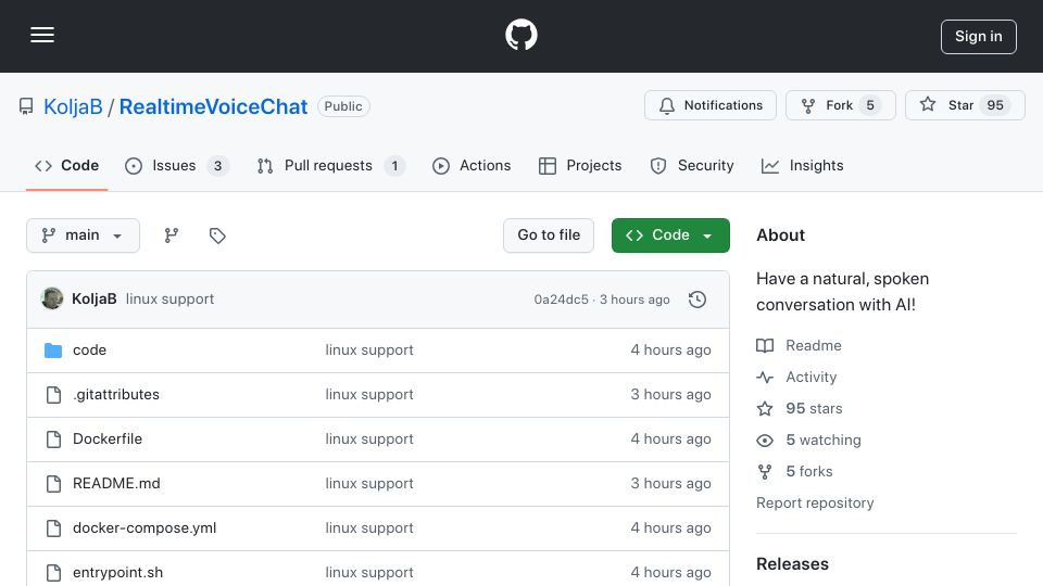 Screenshot of github.com: Show HN: Real-time AI Voice Chat at ~500ms Latency