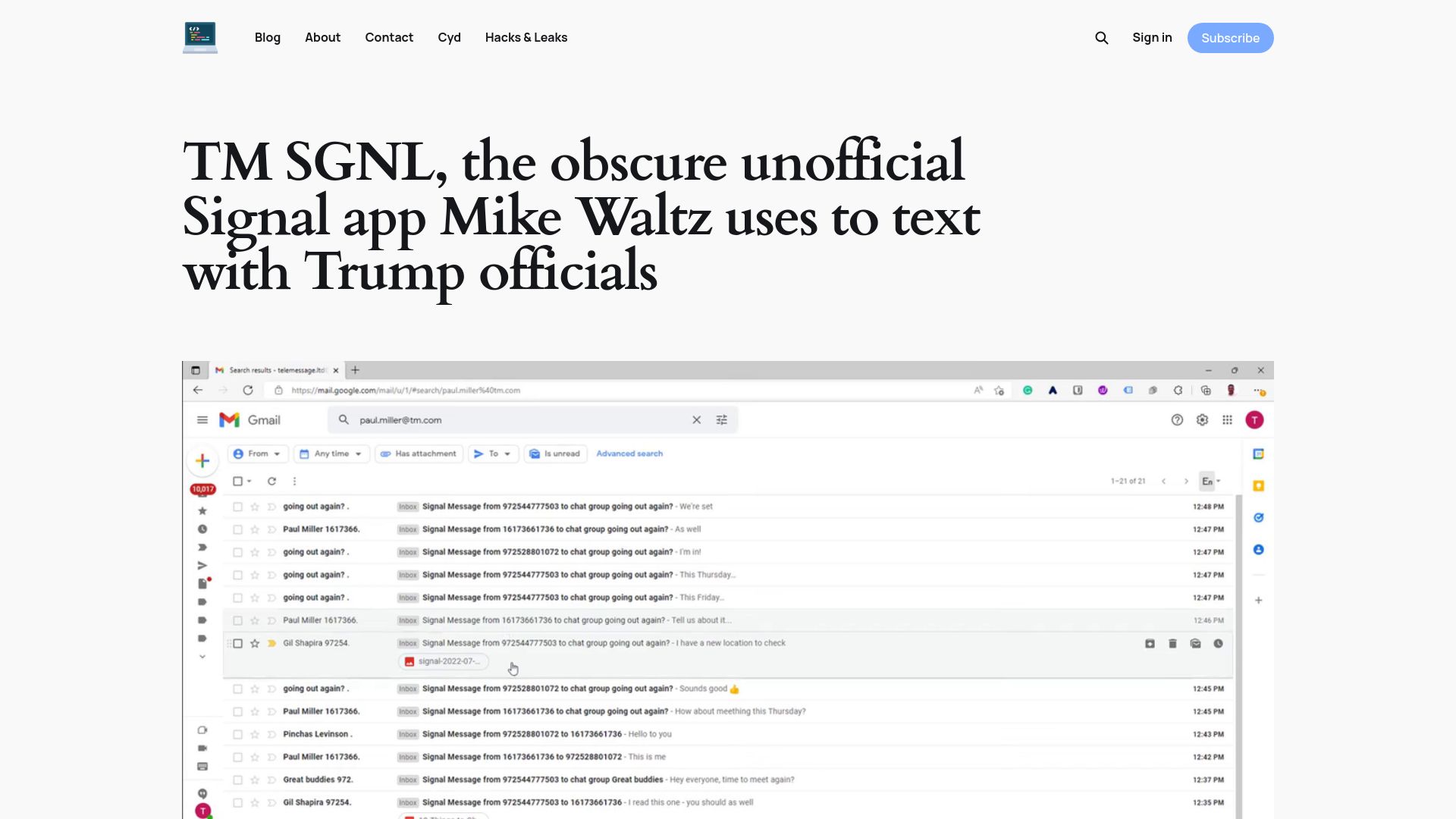 Screenshot of micahflee.com: Technical analysis of the Signal clone used by Trump officials