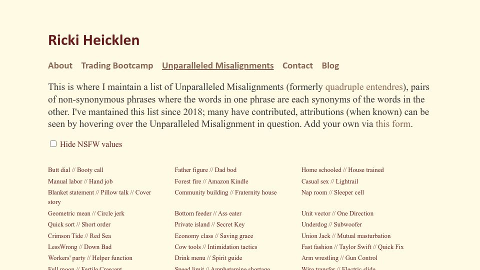 Screenshot of rickiheicklen.com: Unparalleled Misalignments