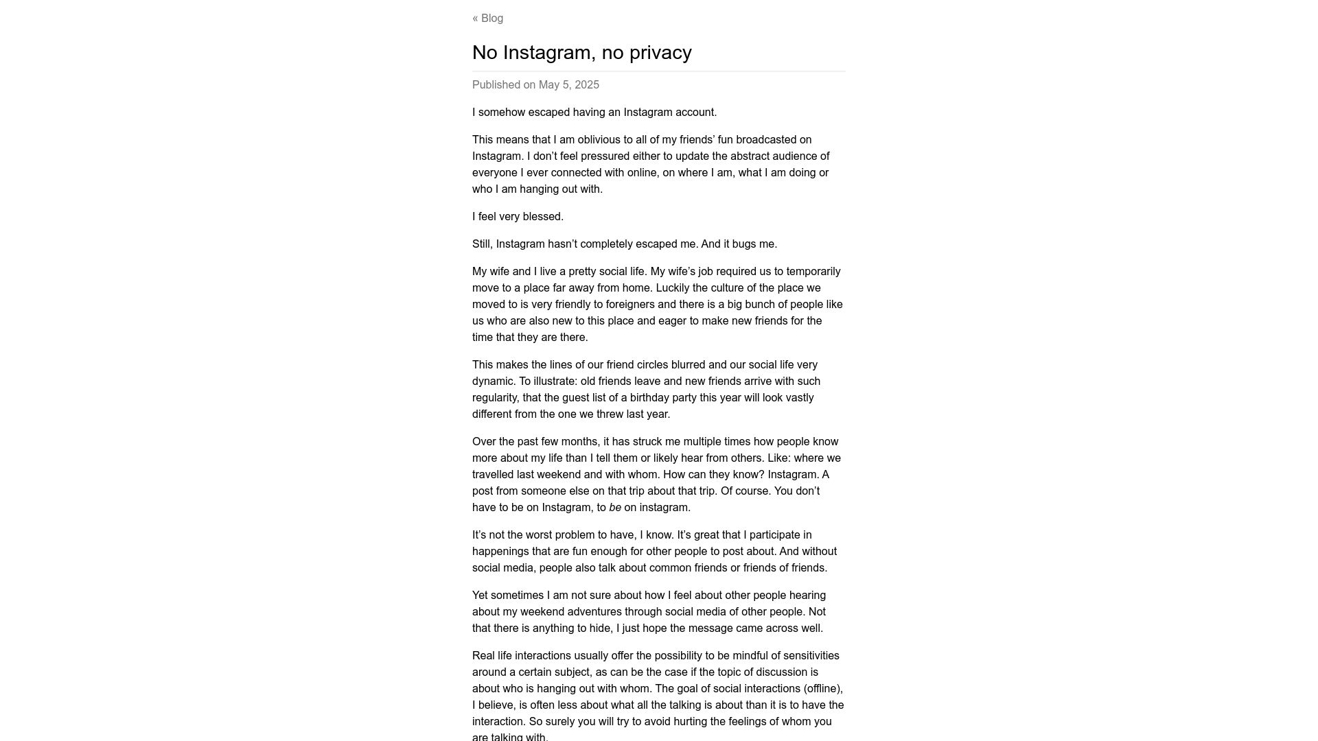 Screenshot of blog.wouterjanleys.com: No Instagram, no privacy