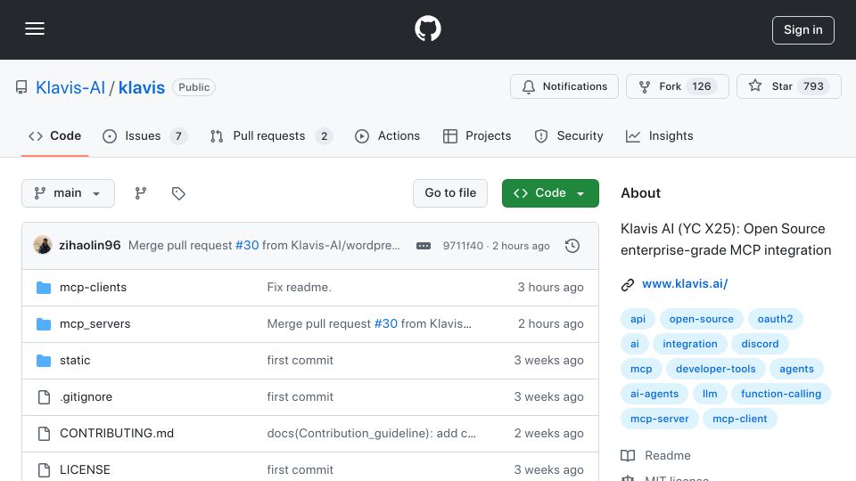 Screenshot of github.com: Show HN: Klavis AI – Open-source MCP integration for AI applications