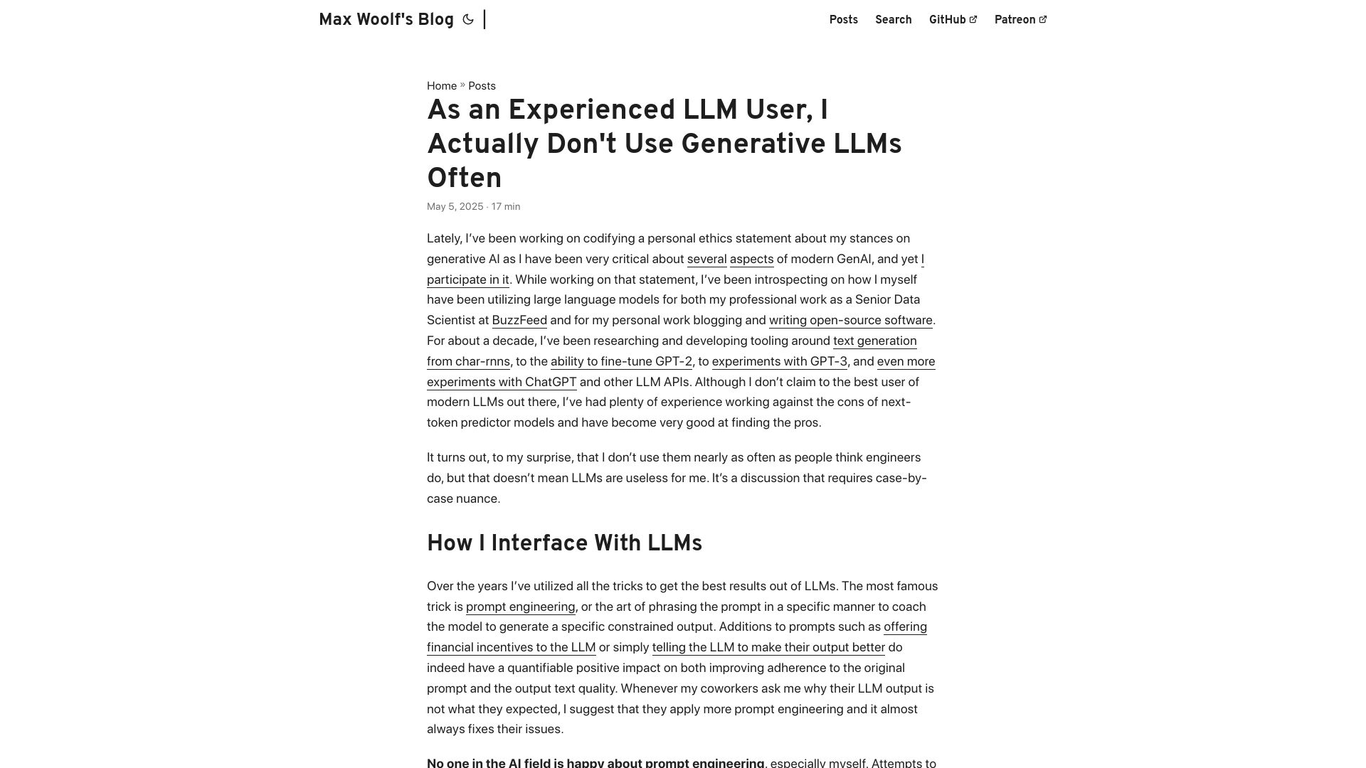 Screenshot of minimaxir.com: As an experienced LLM user, I don't use generative LLMs often