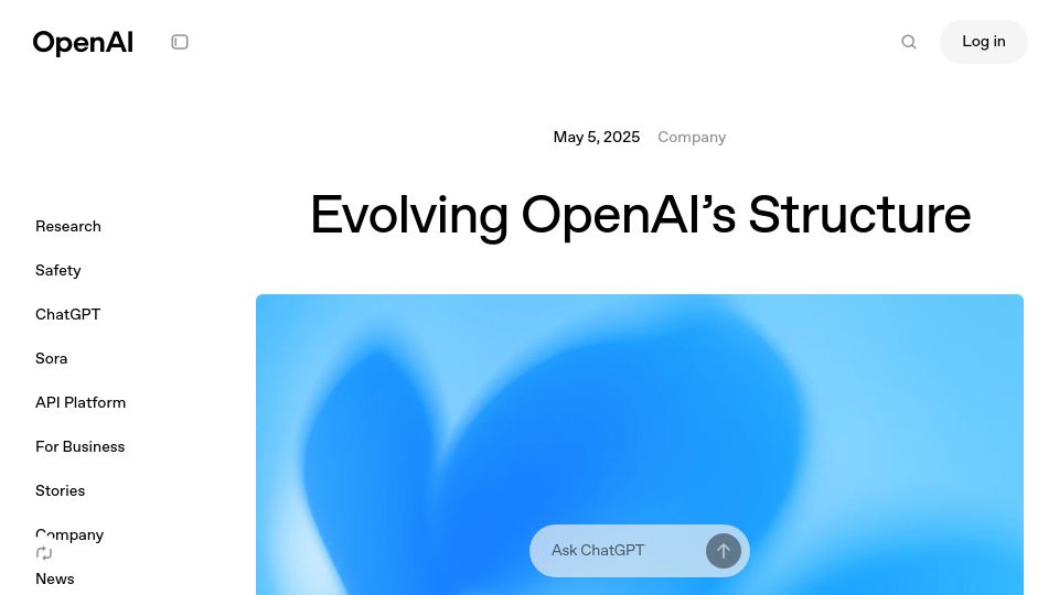 Screenshot of openai.com: Evolving OpenAI's Structure